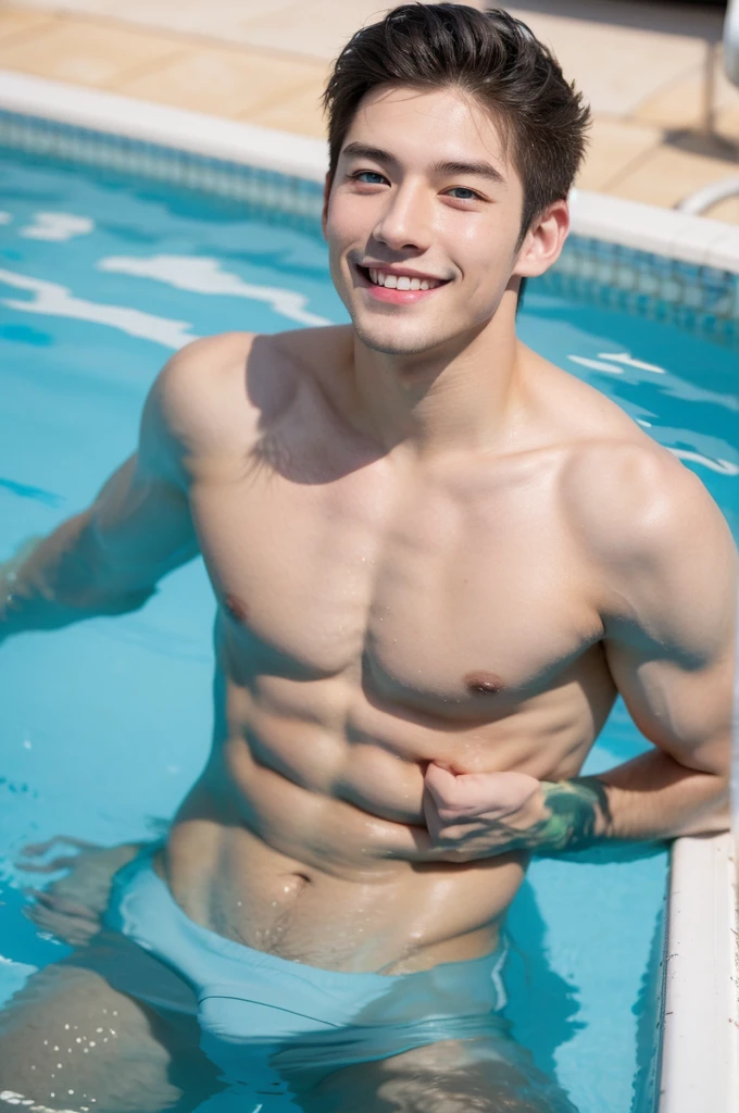 Create a photo of a white Asian boy, smile, Athlete-looking man with blue eyes in a swimming pool