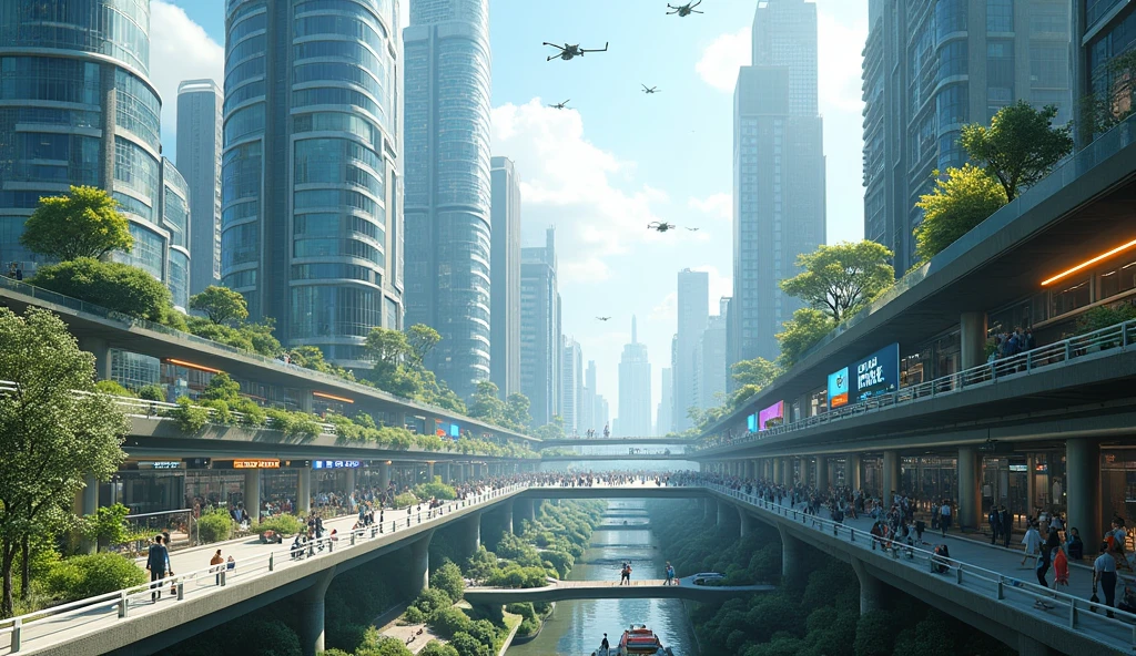 Picture a bustling metropolis where sleek, gleaming skyscrapers stretch towards the sky, their facades adorned with vertical gardens and solar panels. Autonomous vehicles glide silently along elevated roadways, while pedestrians stroll on tree-lined walkways suspended between buildings. Holographic displays project real-time information and advertisements, seamlessly integrated into the urban landscape. Drones buzz overhead, delivering packages and monitoring air quality. The city pulses with clean energy, its smart grid optimizing power distribution to every corner. Public spaces are vibrant and adaptive, with modular furniture and interactive surfaces responding to citizens' needs. Beneath the surface, an intricate network of sensors and AI systems work in harmony, managing everything from waste disposal to traffic flow, ensuring this futuristic urban oasis runs with unprecedented efficiency and sustainability.