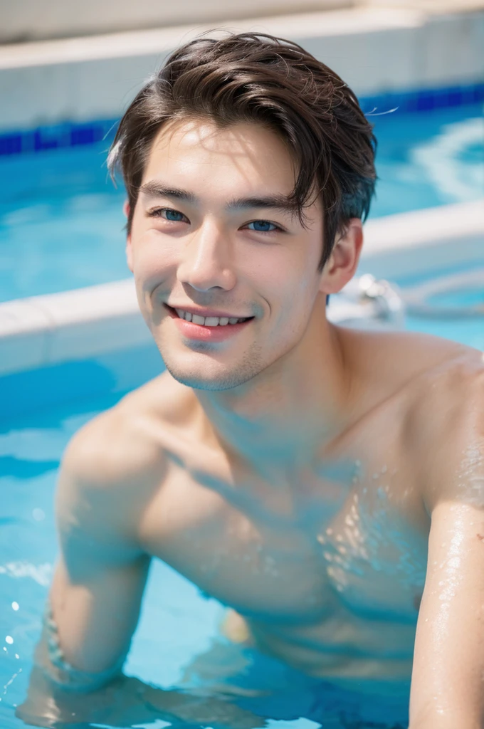 Create a photo of a white Asian boy, smile, Athlete-looking man with blue eyes in a swimming pool