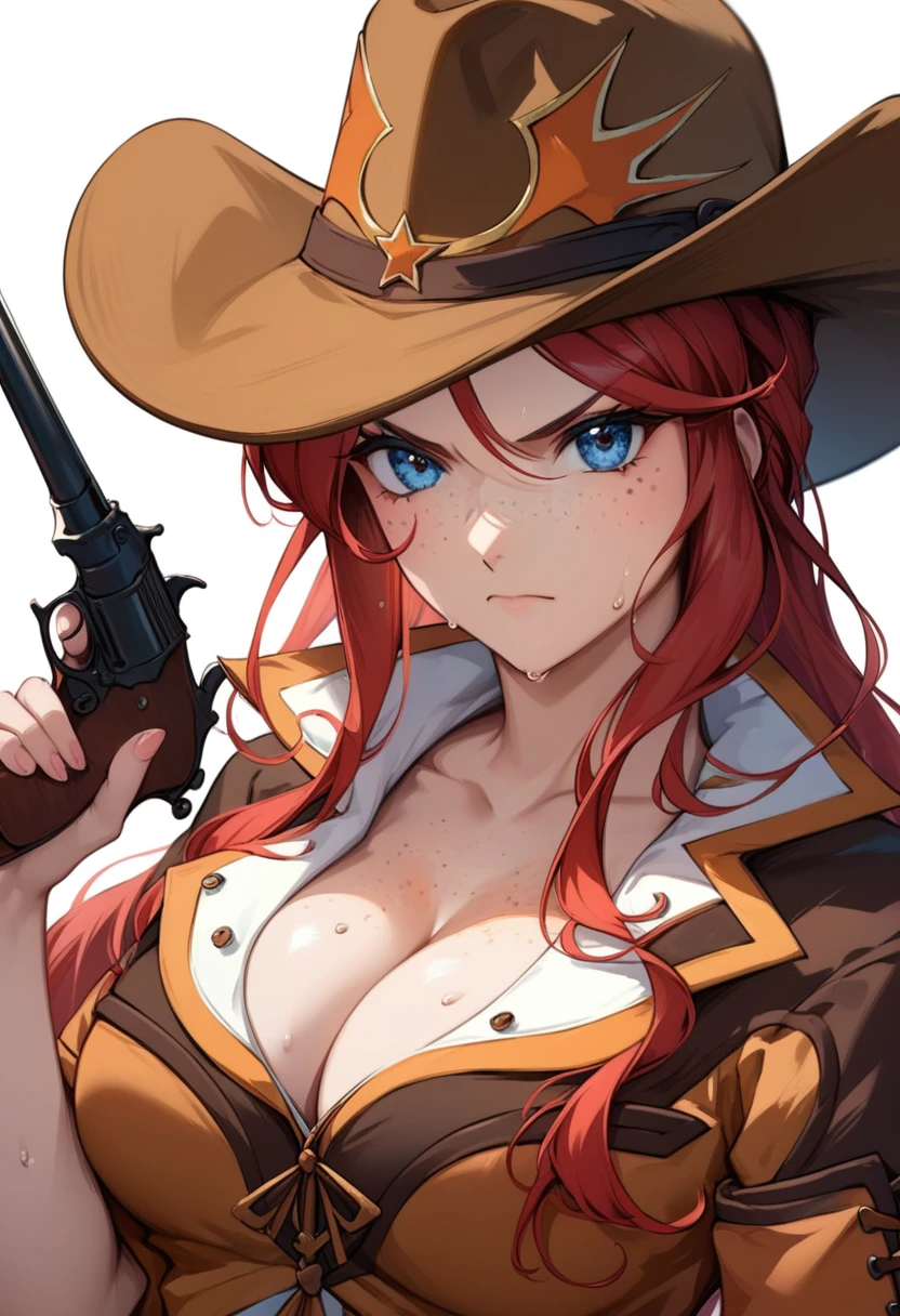 score_9, score_8_up, score_7_up, very aesthetic, source_anime, detailed, high quality, beautiful, masterpiece, detailed eyes,
(Simple dark background), blurry background,
Close-up, upper body, (angry facial expression), closed mouth, sweat, facing the viewer, looking at the viewer,
gemini sunrise, red hair, long hair, blue eyes, freckles, sidelocks, big breasts, cleavage,
cowboy hat, fringe trim, zPDXL