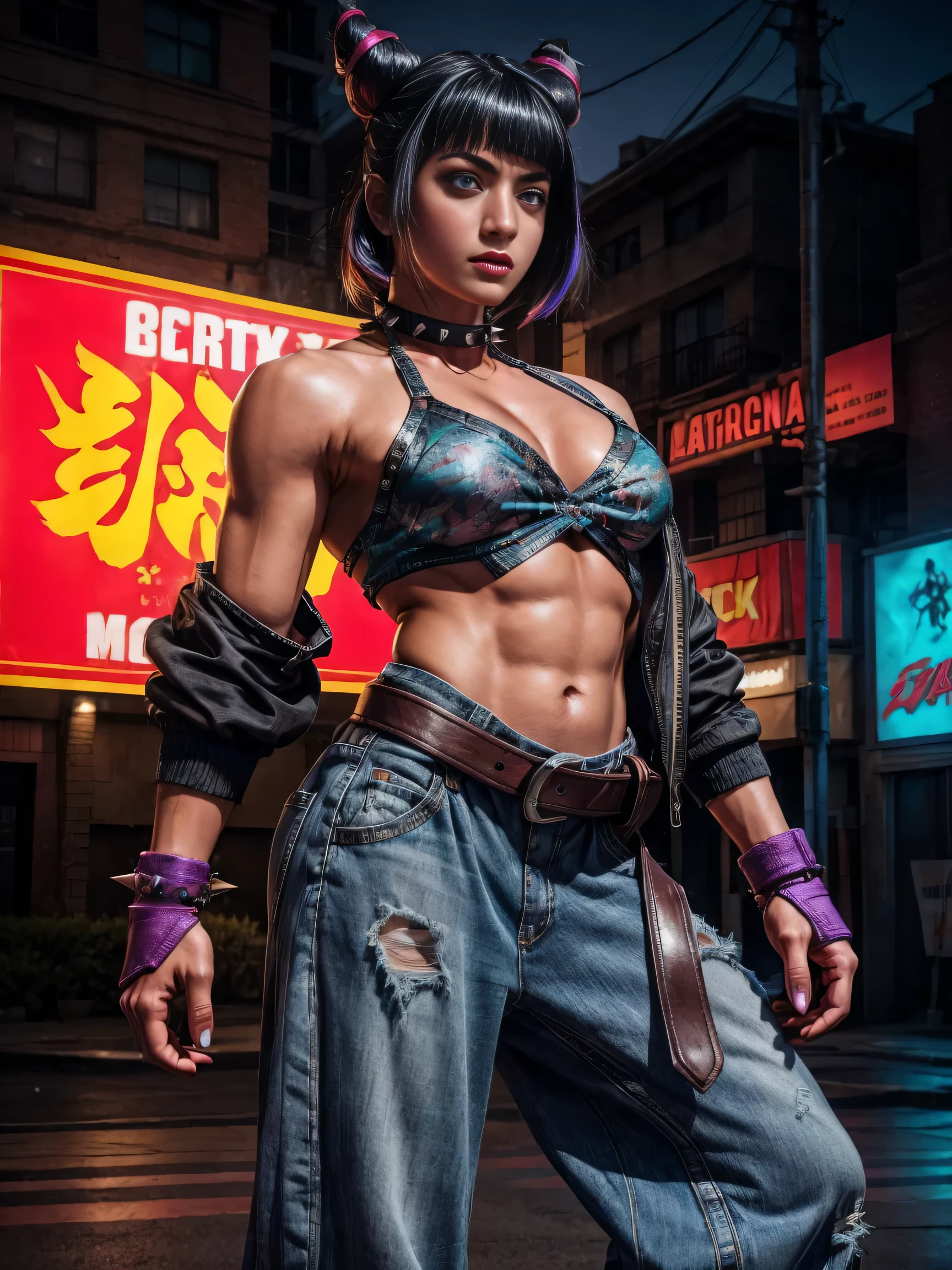 Ultra-detailed Typography Poster, movie-themed, street fighter movie, cinematic fonts, dramatic and bold text, Juri Han, purple eyes, black hair, bangs, hair horns, multicolored hair,streaked hair, makeup, lipstick, fingerless gloves,multiple belts, collar, spiked bracelet, aqua nails, chaps, baggy pants,toeless legwear,jacket,