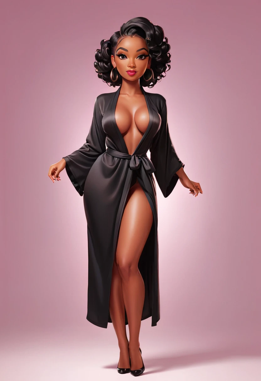 beautiful black female girl in an erotic robe, cute character, flat caricature in cartoon style, full-length, in the center of the picture, light background