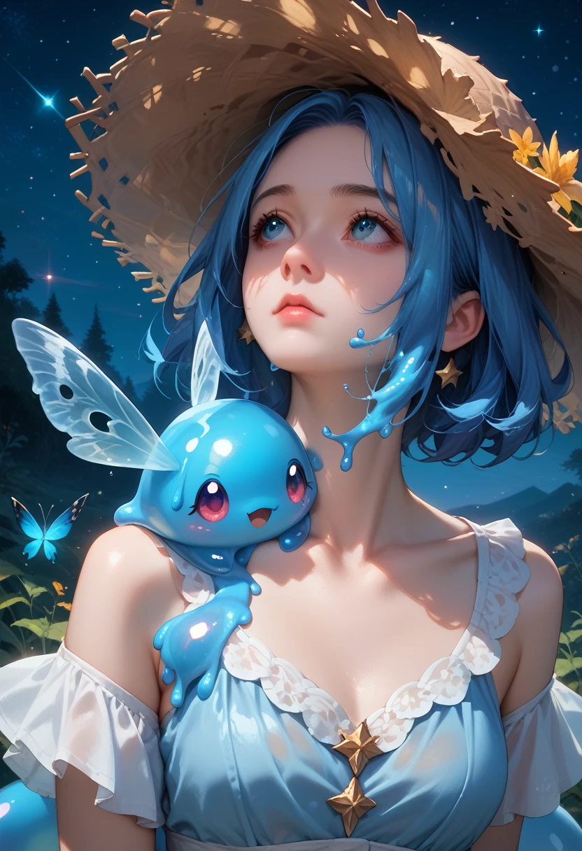 blue slime girl 1, Fantasy , Looking up at the stars, night, Bright Starry Sky, Moths Fly, Clear drawing of details, nice outfit, Straw Hat,