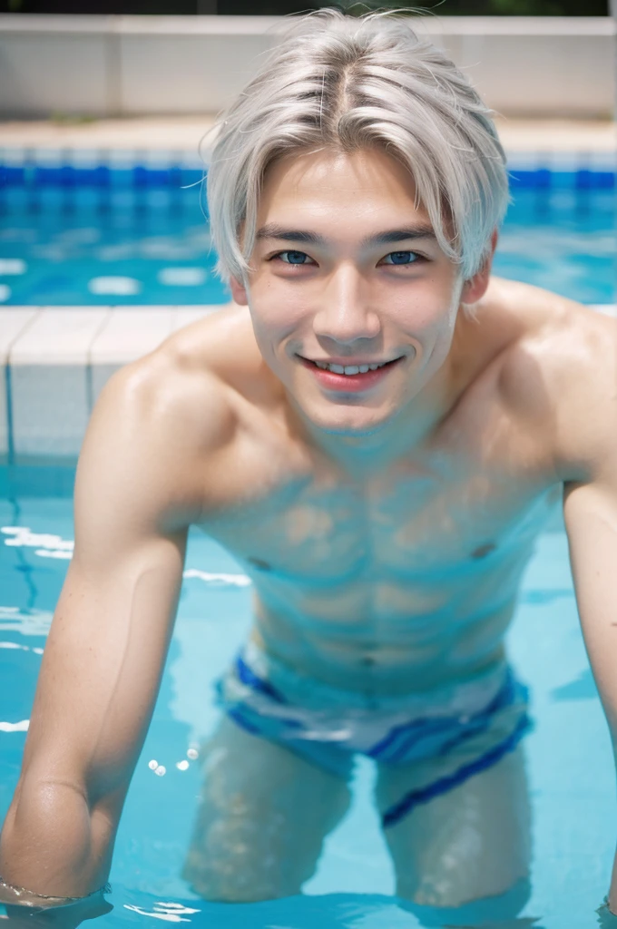 Create a photo of a white Asian boy, smile, Athlete-looking man with blue eyes in a swimming pool, silver hair