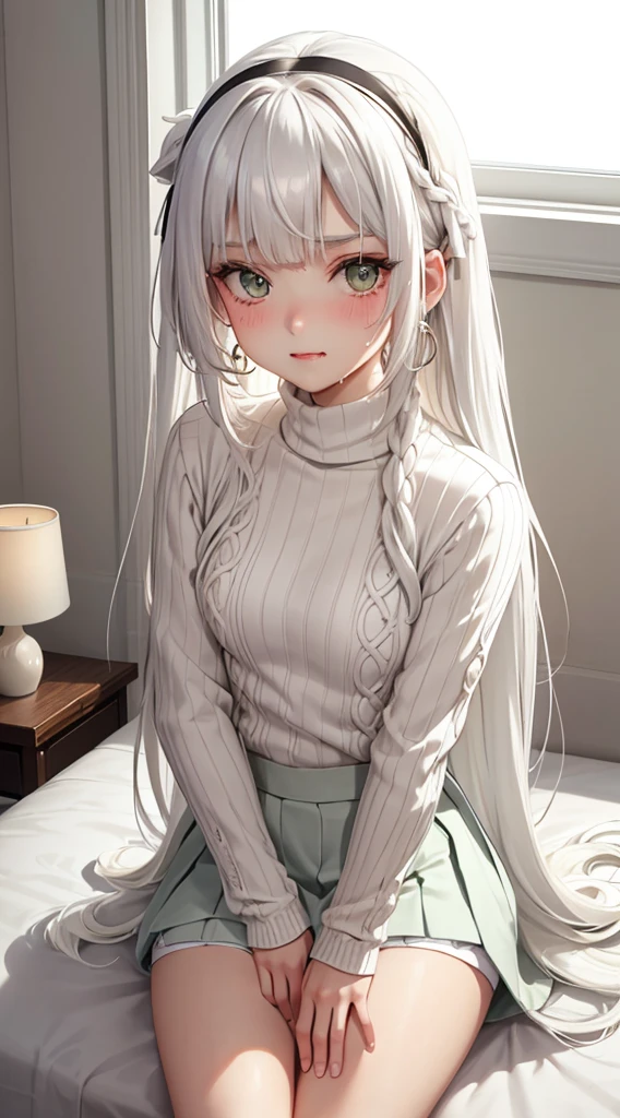 Character Details:, - Gender: 1 Girl.
- Style: Anime, - Body Type: Attractive body, slim body, nice legs, slim tights, nice arms, nice shoulders. - Breast: (Small Breast:1.2)- Facial Feature: Beautiful, Gorgeous, ager, Fresh, Young.
- Expression: Shy, Pink Blush on Face, small smile (Sweating:1.4), Innocent Look, Tipsy, green eyes. - Hairstyle: Blunt Bangs. - Hair Color: (White Hair:1.5), (Cute Long Hair:1.3),
- Clothing: (Girly Sweater, Girly Skirt:1.6),). - Body Pose: (Sitting on bed:1.3), (Hands down).. - Behaviour: Waiting, Want Something, Secretly.
- Accessories: Earrings, thin Black Head band, Hair Accessories, Environmental Details:, - Setting: Bed Room., - Lighting: Natural Light., - Decoration: Modern Bed, Chair, Window, White Curtain, City View. Top view. pov, anime style, UHD, retina, masterpiece, accurate, anatomically correct, textured skin.