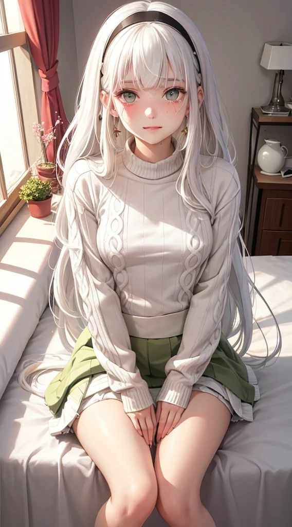 Character Details:, - Gender: 1 Girl. - Style: Anime, - Body Type: Attractive body, slim body, nice legs, slim tights, nice arms, nice shoulders. - Breast: (Small Breast:1.2)- Facial Feature: Beautiful, Gorgeous, Teenager, Fresh, Young. - Expression: Shy, Pink Blush on Face, small smile (Sweating:1.4), Innocent Look, Tipsy, green eyes. - Hairstyle: Blunt Bangs. - Hair Color: (White Hair:1.5), (Cute Long Hair:1.3), - Clothing: (Girly Sweater, Girly Skirt:1.6),). - Body Pose: (Sitting on bed:1.3), (Hands down).. - Behaviour: Waiting, Want Something, Secretly. - Accessories: Earrings, thin Black Head band, Hair Accessories, Environmental Details:, - Setting: Bed Room., - Lighting: Natural Light., - Decoration: Modern Bed, Chair, Window, White Curtain, City View. Top view. pov, anime style, UHD, retina, masterpiece, accurate, anatomically correct, textured skin.