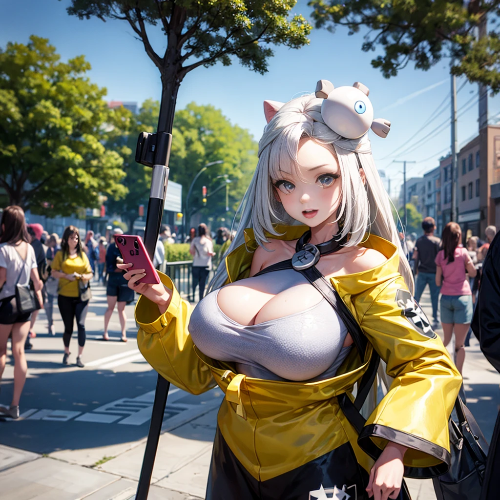 a girl,on the street,cute,live streaming,Huge Breasts,Pokémon world,Strange tree