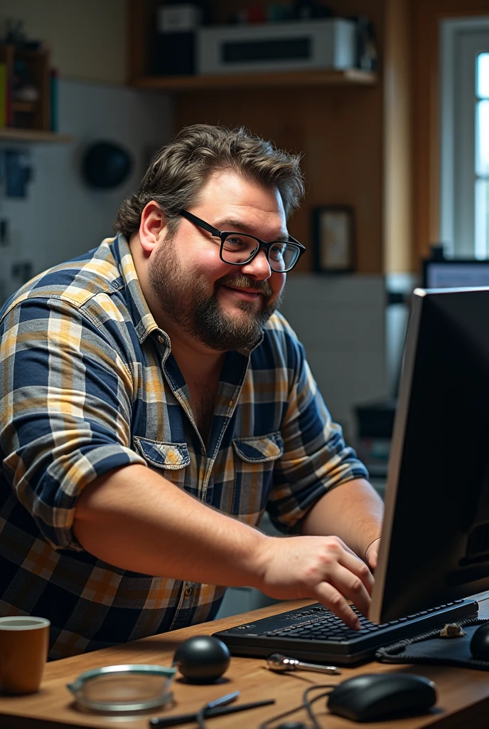 A fat man with glasses and a goatee, wearing a plaid shirt, fixing a PC.