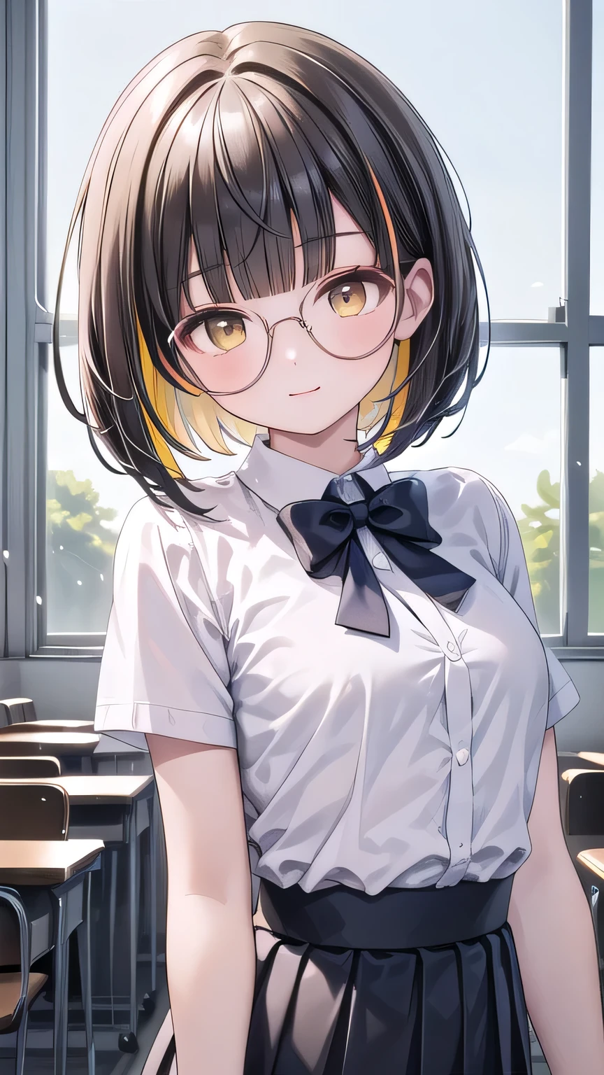 a girl, 20 years old,looking at viewer,short hair,blunt bangs,bob cut hair,black hair, ((highlights hair, yellow streaked hair)),dark brown eyes,small breast, happy, short sleeves shirts,round glasses,pleated skirt,bowtie,classroom, Best Quality, High resolution, Extremely detailed, Detailed background, Perfect Lighting