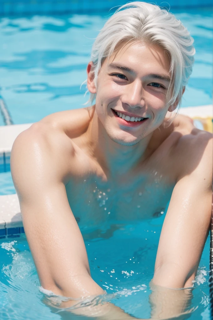 Create a photo of a white Asian boy, smile, Athlete-looking man with blue eyes in a swimming pool, white hair