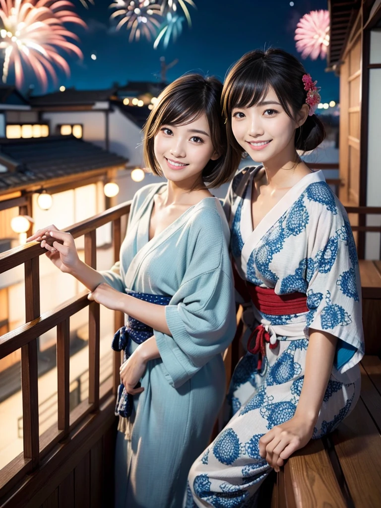 Japanese、Age 25、younger sister、Randomly generated people with diverse facial features and hairstyles々々、Perfect Anatomy,Ocean、balcony、firework、Night Sky、打ち上げfirework、yukata