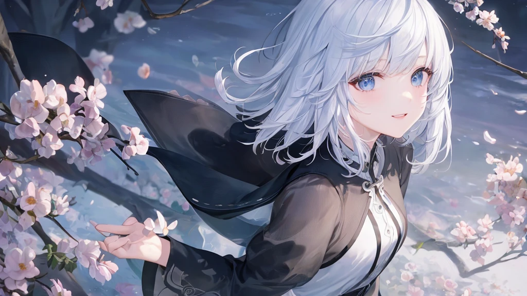 Ultra HD,Look at the viewers, Place your hands behind your back, and, 20-year-old, 非常にshort hair, Long bangs between the eyes, Pale blue eyes, Very detailed,(masterpiece、Highest quality),Gray Hair、Laughter、wonderful, Silver Hair, iris, short hair、 Fluttering Hair、Small face、明るいsmile、(Detailed face) ,Professional Lighting,wonderful風景,blue sky, sunlight,Looking down from above,Portraiture、Open your mouth、Flower Field、Her eyes were shining、Mysterious and enchanting atmosphere。With AI Painting、andてもshort hair, Long bangs between the eyes, Very detailed,(masterpiece、Highest quality)、alone、Gray Hair、Fantasy, Silver Hair, Fantasyな風景、smile、Open your mouth、short hair、short hair、hairpin、black eye、Grey Eyes、Beautiful Eyes、Black Shirt、White hoodie