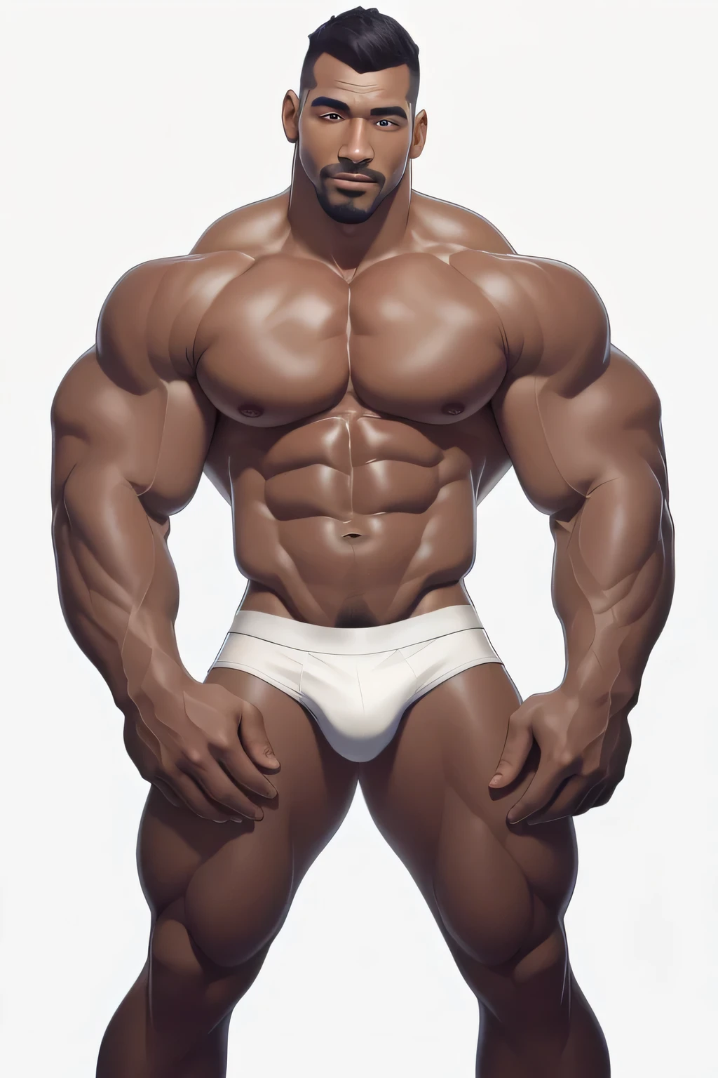 masterpiece, handsome black guy,dark skin, clear face and eyes, best quality, muscular, bara, mature male,shirtless,full lips,short crew haircut, large pectorals,huge arms and hands,wearing white speedo,thick eyebrows,white background