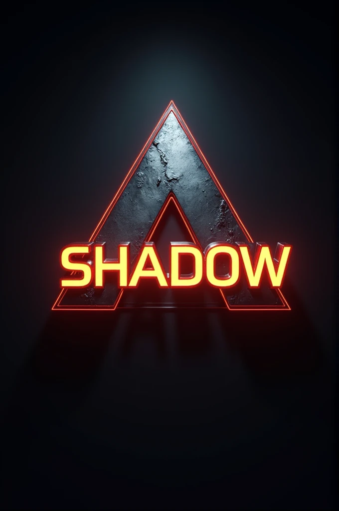 A triangular logo glowing and written "SHADOW" on front with steel texture
