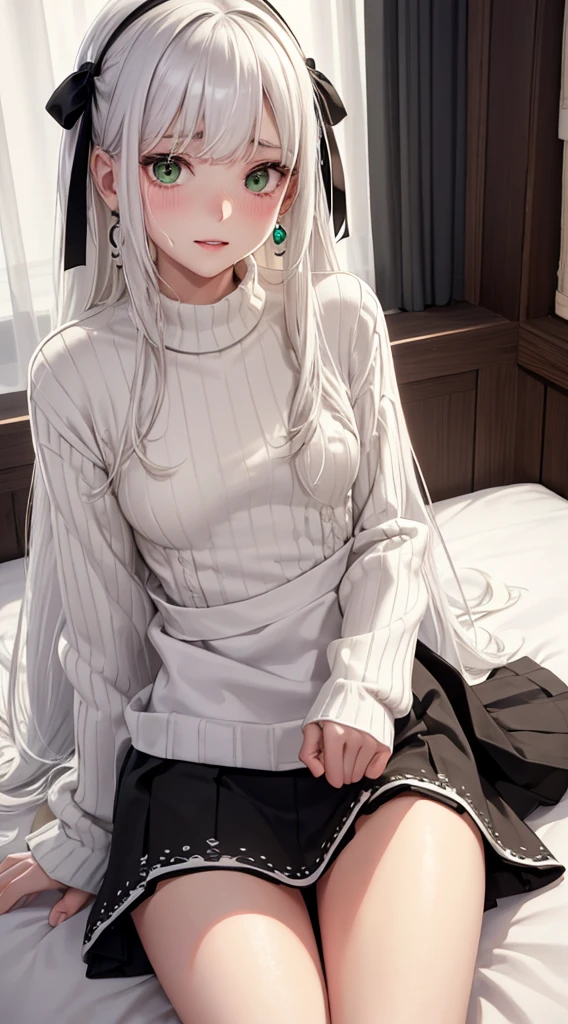 Character Details:, - Gender: 1 Girl.
- Style: Anime, - Body Type: Attractive body, slim body, nice legs, slim tights, nice arms, nice shoulders. - Breast: (Small Breast:1.2)- Facial Feature: Beautiful, Gorgeous, Teenager, Fresh, Young.
- Expression: Shy, Pink Blush on Face, small smile (Sweating:1.4), Innocent Look, Tipsy, green eyes. - Hairstyle: Blunt Bangs. - Hair Color: (White Hair:1.5), (Cute Long Hair:1.3),
- Clothing: (Girly White and black Sweater, Girly Skirt with green pattern:1.6),). - Body Pose: (Sitting on bed:1.3), (Hands down).. - Behaviour: Waiting, Want Something, Secretly.
- Accessories: Earrings, thin Black Head band, Hair Accessories, Environmental Details:, - Setting: Bed Room., - Lighting: Natural Light., - Decoration: Modern Bed, Chair, Window, White Curtain, City View. Top view. pov, anime style, UHD, retina, masterpiece, accurate, anatomically correct, textured skin.