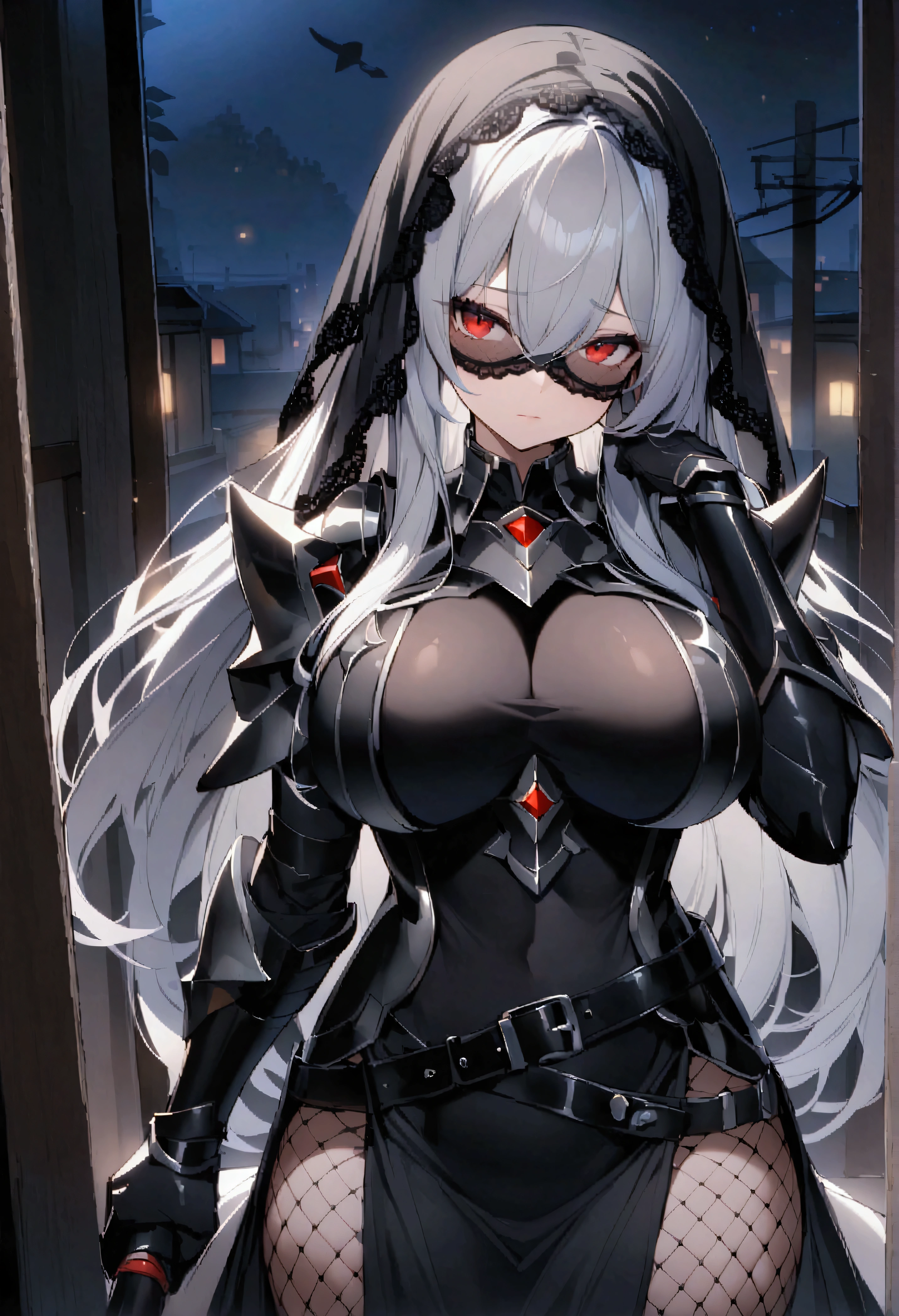 
Spy Armor Armor、One person、solo、Black belt、Big Breasts、Silver shoulder rest、Closed Mouth、Grey Hair、Long Hair、Black rider veil、blue eyes、Black Gauntlet、Black buckle、Black Dress、Fishnet tights、Weapons on the back、at night、Red eyes、Covered Eyes、