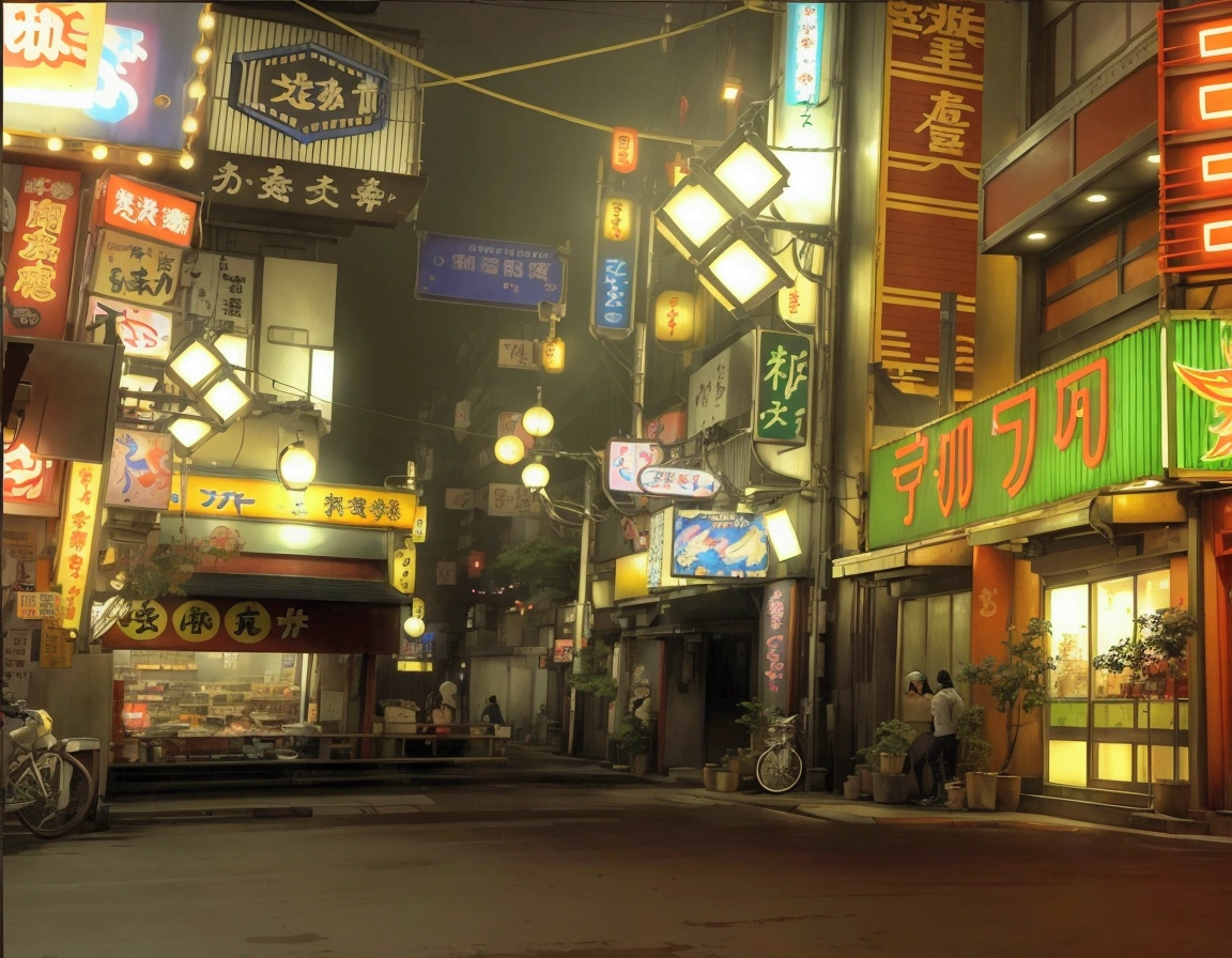 一张Anime style的东京街头小巷场景,building with many neon signs,More details of neon signs,Detailed Details,snack shop sign,Tokyo alley,Tokyo Anime Scene, Downtown Japan, Tokyo style, Neon Tokyo, new tokyo,Anime style,Thick coating style,Hand-drawn style