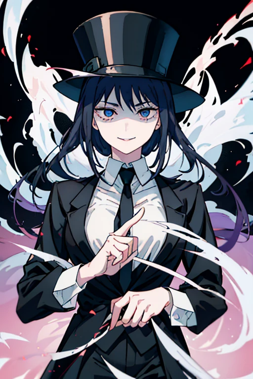 Long straight black hair，blue eyes，Sharp eyes，Smiling，Wearing black formal suit、white lining、Female magician in black trousers，Her right index finger is placed on her lips，Signal to others to be quiet；She holds a black silk top hat in her left hand，To take a bow for a grand performance，Flames and smoke swirled around her.