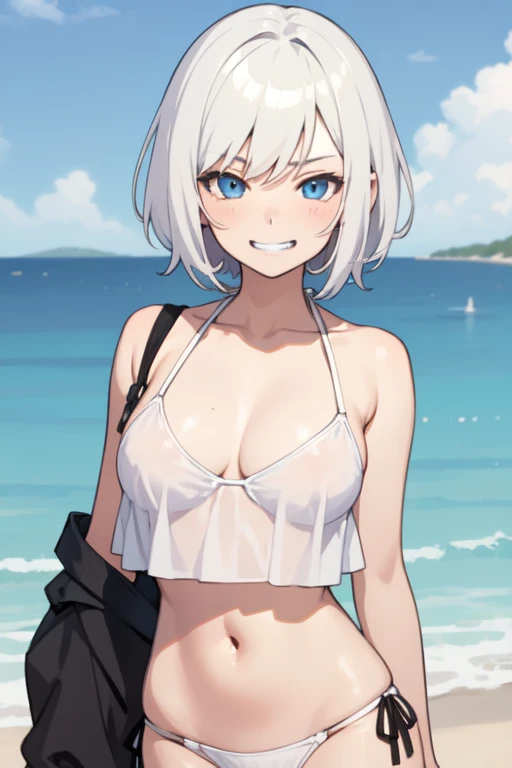 Please output New illustration.
Character : One Girl
Character's Head : Short Hair, White Hair
Character's Face : Anime Face
Character's Mood : Smug Face, Grin
Character's Style : Glamour, Model, Beautiful Proportion
Character's Fashion Style : SwimSuit, Bikini
Character's Shirt Style : White Bikini