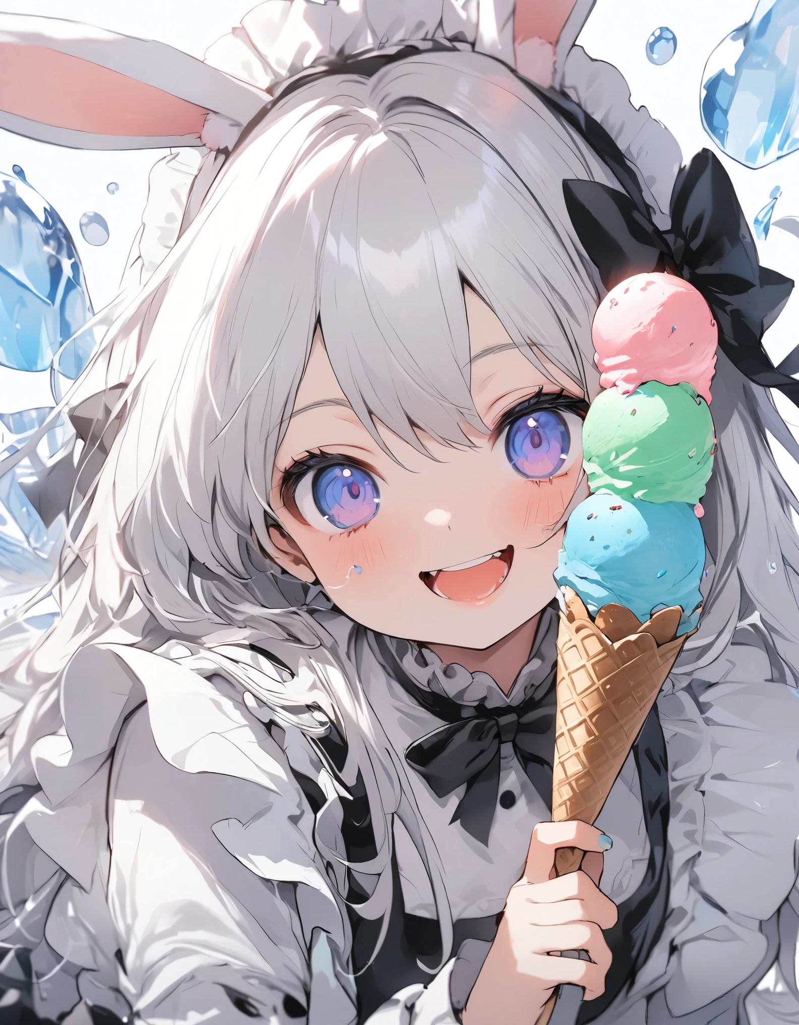 masterpiece、 girl、White Hair、Long Hair、(rabbit ear)、smile、maid clothes、(((Big ice cream)))、Focus on the face、bubbles background
