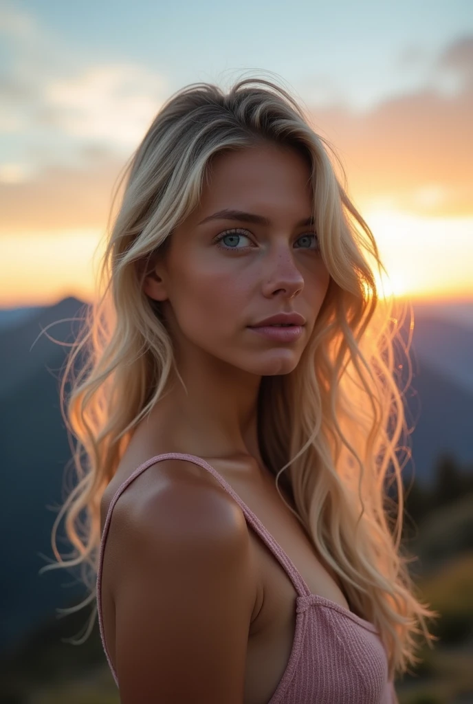 Belle fille européenne aux yeux bleus et aux cheveux blonds, en montagne habillé leger mais pas trop, regardant le ciel durant le couché de soleil, photo par devant, influencer style, ultra Haute résolution, (photoréaliste: 1.4), Haute résolution , (finely détaillé skin), (yeux bleus), (Des proportions parfaites) (Photos réalistes) (chef-d&#39;œuvre) (photoréaliste), ultraréaliste (meilleure qualité) (détaillé) Photographié avec un Canon EOS R5, objectif 50 mm, F/2.8, (8k) (fond d&#39;écran) (Éclairage cinématographique) (éclairage dramatique) (complexe) mode.