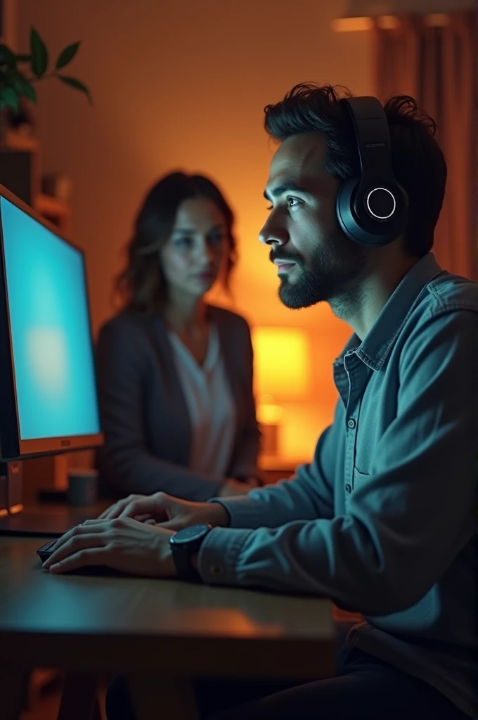 Man sitting at the computer with headphones on and his mother beside him.