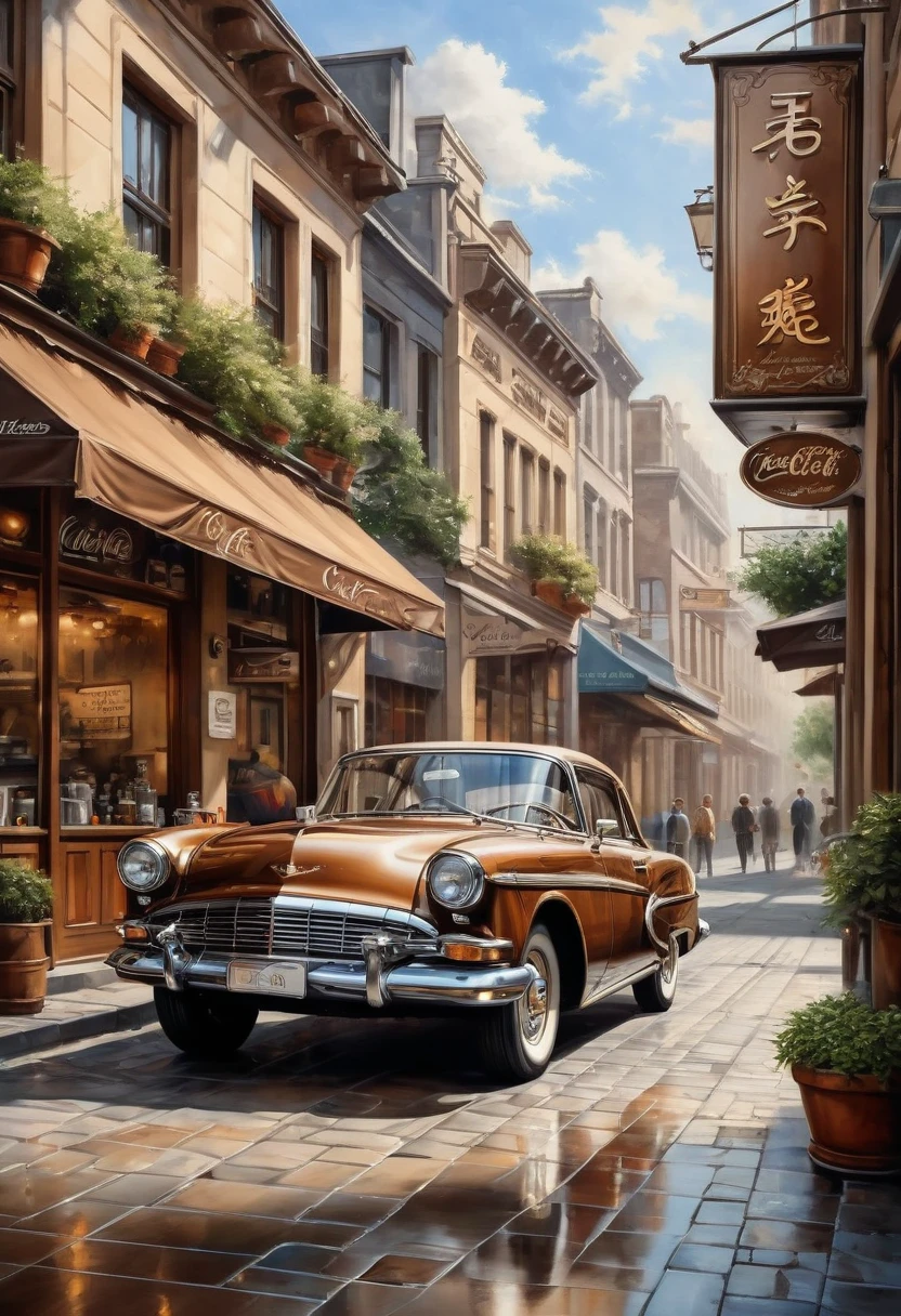   ( perfect anatomy )masterpiece, Exquisite, delicate, fresh and elegant aesthetic style airbrush digital oil painting exquisite artwork creates a refreshing morning coffee shop scene photo，

                   Brown classic car(Unique style)特寫Brown classic car( perfect anatomy ) Elegantly parked on the street next to a coffee shop.coffee shop scene masterpiece,

                             Very detailed, Realistic original photos, Best film quality, Extremely fine texture, High-quality work by a master artist
