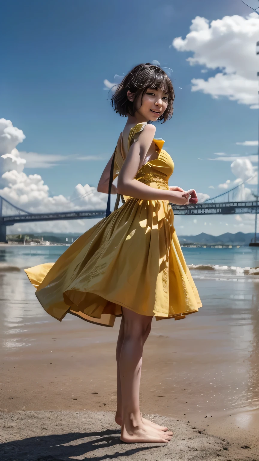 (Standing with hands on hips)、(The blue summer sky and sunflowers)、(Realistic、Like a photograph、Live Action、8k, Realistic, RAW Photos, Best image quality: 1.4), Single-lens reflex camera、RAW Photos, Highest quality, Realistic, Very detailed CG Unity 8k wallpaper, Written boundary depth, Cinematic Light, Lens flare, Ray Tracing, Realistic background、(Wearing a yellow dress:1.5)、((ultra high density skin))、Cute Japanese with large breasts、((whole body:1.5),smile、(Silver short hair:1.5、My hair flutters in the wind)、I like that style、stylish、Very detailed、Pay attention to the details、Perfect outfit、(Sunburned skin)、Beautiful feet:1.1,Accurate body、Anatomically correct body、Detailed feet、Precise fingering、Very detailedな顔、Side view