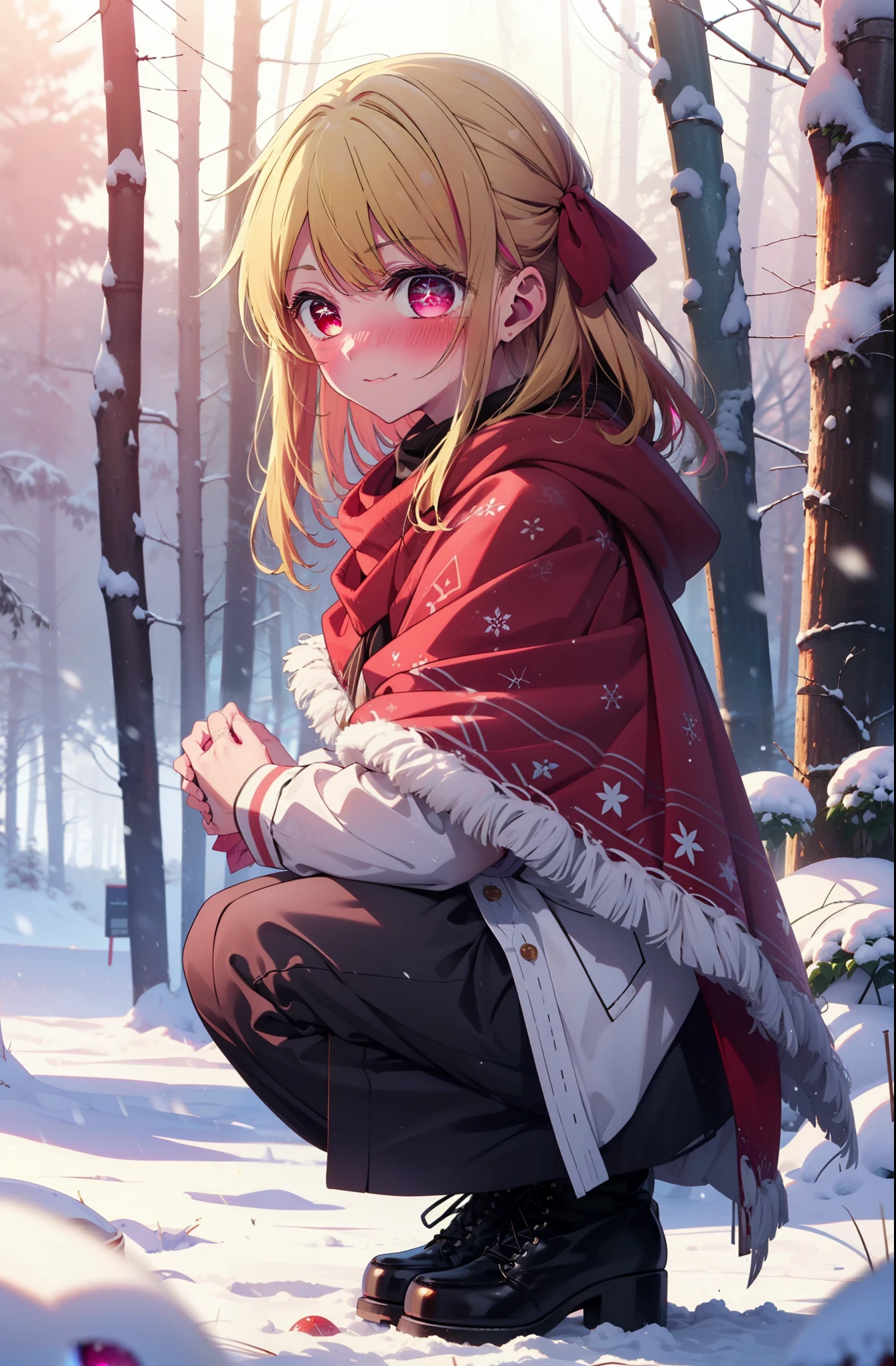 rubyhoshino, Hoshino Ruby, Long Hair, bangs, Blonde, (Pink Eyes:1.3), Side Lock, (Symbol-shaped pupil:1.5), Multicolored Hair, Two-tone hair, smile,,smile,blush,white breath,
Open your mouth,snow,Ground bonfire, Outdoor, boots, snowing, From the side, wood, suitcase, Cape, Blurred, , forest, White handbag, nature, Squat, Mouth closed, Cape, winter, Written boundary depth, Black shoes, red Cape break looking at viewer, Upper Body, whole body, break Outdoor, forest, nature, break (masterpiece:1.2), Highest quality, High resolution, unity 8k wallpaper, (shape:0.8), (Beautiful and beautiful eyes:1.6), Highly detailed face, Perfect lighting, Highly detailed CG, (Perfect hands, Perfect Anatomy),