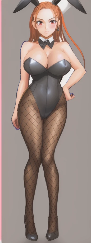 Jessica, with large breasts and beautiful legs, is standing with her hands on her hips, wearing a black high-cut bunny suit and fishnet stockings.。
