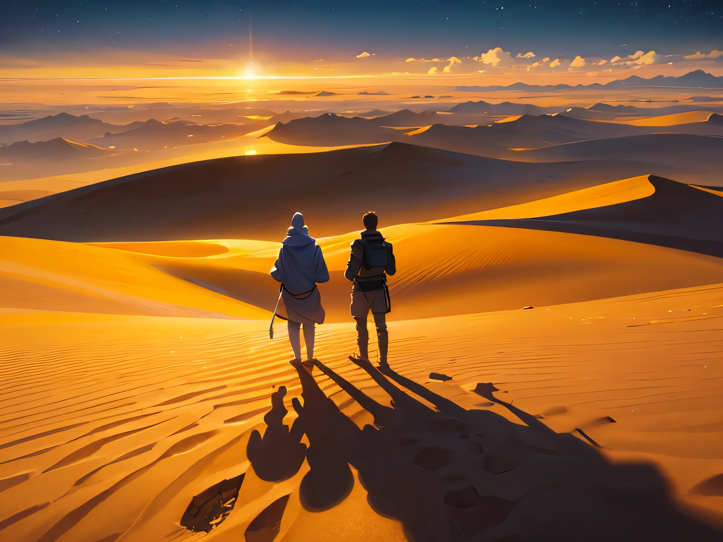 In the far distance of a vast desert like the Sahara, a man is lost and despairing.