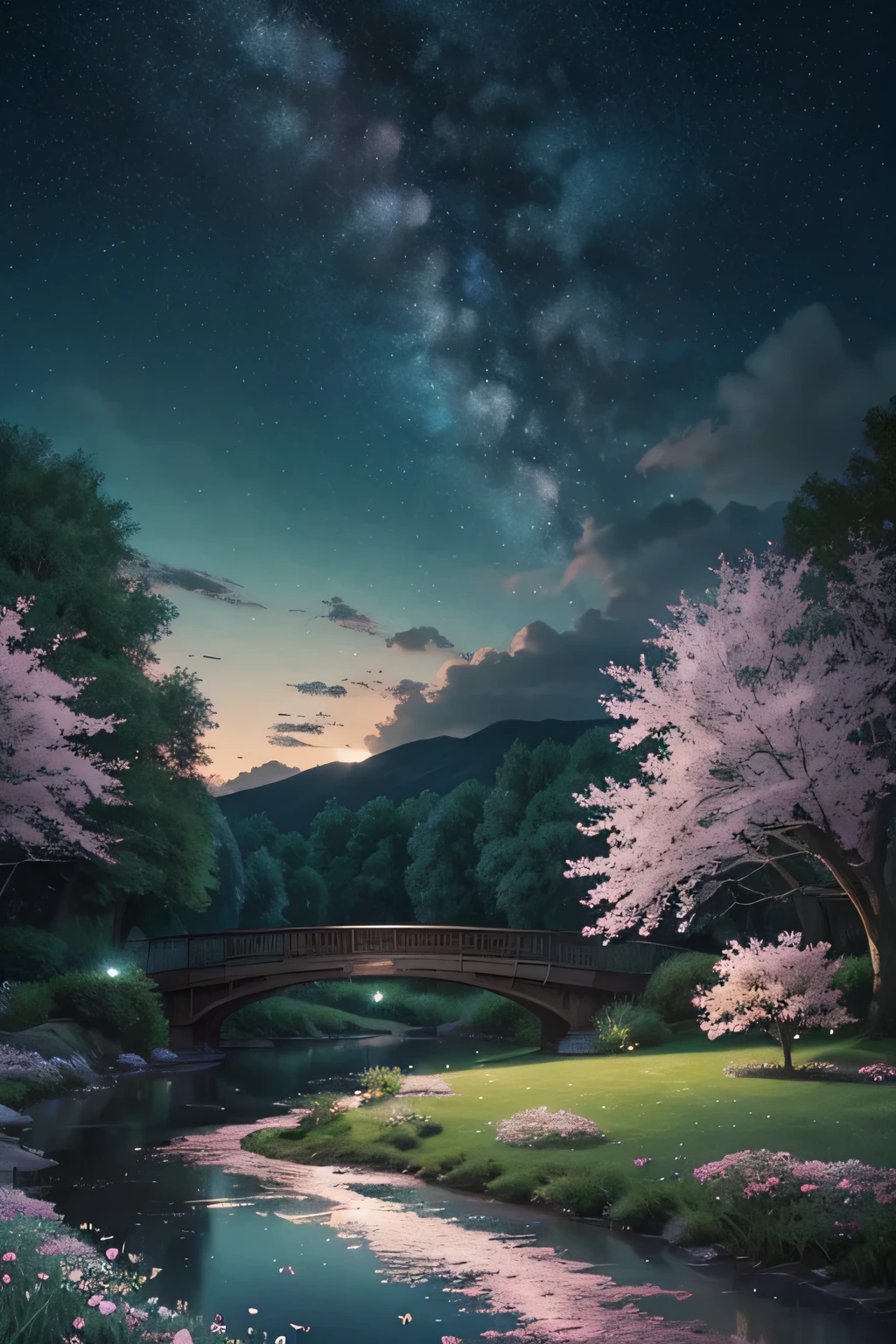 (magical pretty night Sky green stream overlay scene), (Sky), (cloud), soft light, Clean background, Beautiful scenery, masterpiece, high quality, Beautiful graphics, High Detail, Epic Landscapes, garden, Flowers, cloud, (night starry Sky, There is a river behind, Behind is a huge old tree, Shiny pink petals are falling behind)