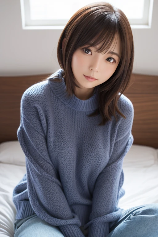 Name is【Saki】、masterpiece, Highest quality, One girl, Knitwear that fits snugly against the skin、Sitting on the bed、She is looking at me as if inviting me to join her.