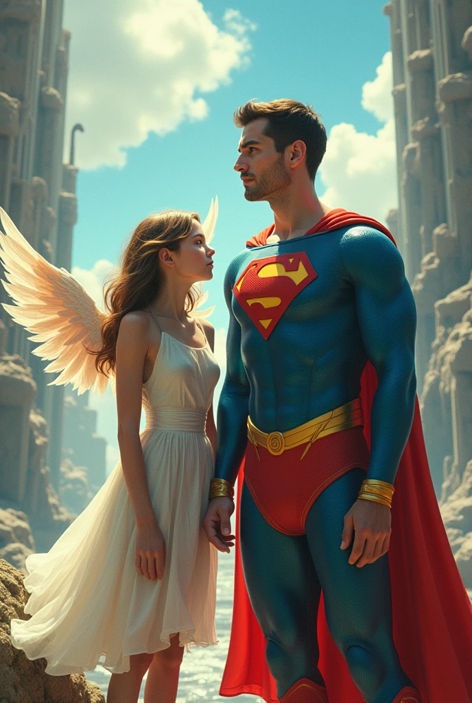 A man wearing superhero's uniform and holding a sword in his hand, looking from the back and with him is a woman holding a sword in her hand and having wings and both are standing on the rock between the mountains
