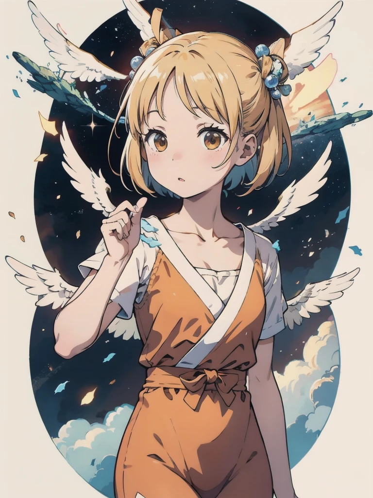 An angelic being without human affection, Creator of the Universe, myth, The background of the image is, Heavenly Mountain Scenario, Orange Clouds. The image style should be cartoon-like, With powerful and impressive strokes, 登場人物にはmythや天使の要素が加わっている