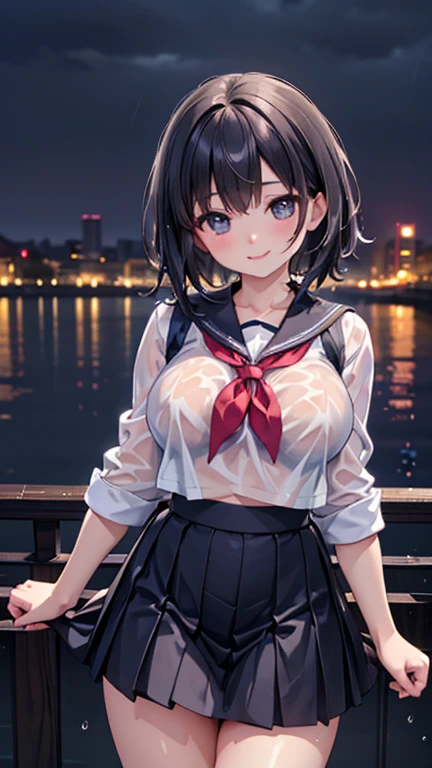 (masterpiece:1.2, highest quality), (Realistic, photoRealistic:1.4), Beautiful illustrations, (Natural Side Lighting, Cinema Lighting), Browsing Caution, 
View your viewers, Cowboy Shot, Front view:0.6, 1 girl, Japanese, high school girl, Perfect Face, Cute and symmetrical face, Shiny skin, 
(ponytail:1.2, Messy Hair:1.8, Ahoge, Purple Hair), Hair between the eyes, blue eyes, Long Eyelashes, (Large Breasts:0.7, Thick thighs), 
Beautiful Hair, Beautiful Face, Beautiful fine details, Beautiful clavicle, Beautiful body, Beautiful breasts, Beautiful thighs, Beautiful feet, Beautiful fingers, 
((White collared shirt, Black Checkered Pleated Mini Skirt, Blue bow tie)), 
(Beautiful views), evening, River side, walking, (Cute smile, Upward glance), Nipples are visible