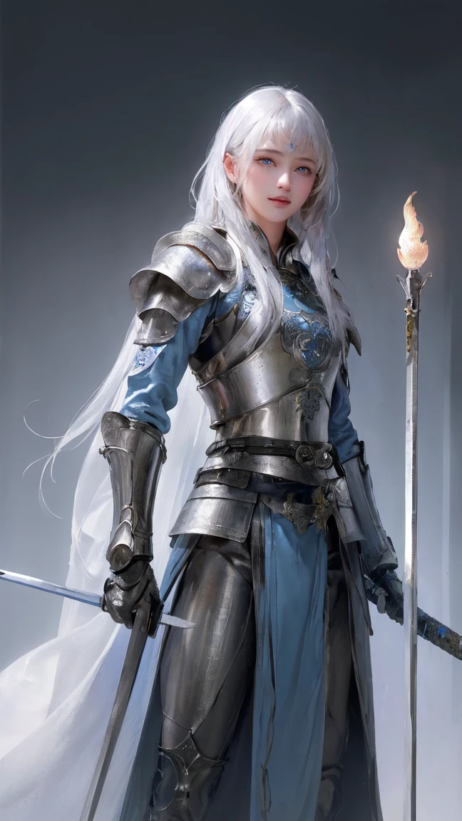 (best quality,4K,8K,high resolution,masterpiece:1.2),Extremely detailed,(Practical,photoPractical,photo-Practical:1.37),Soft Light, Hips up, blue eyes, White hair, Long hair, Complex details EABA, cloak, spear, warrior, armor, 日本warrior刀, warrior, warrior头盔, portrait, Bright colors