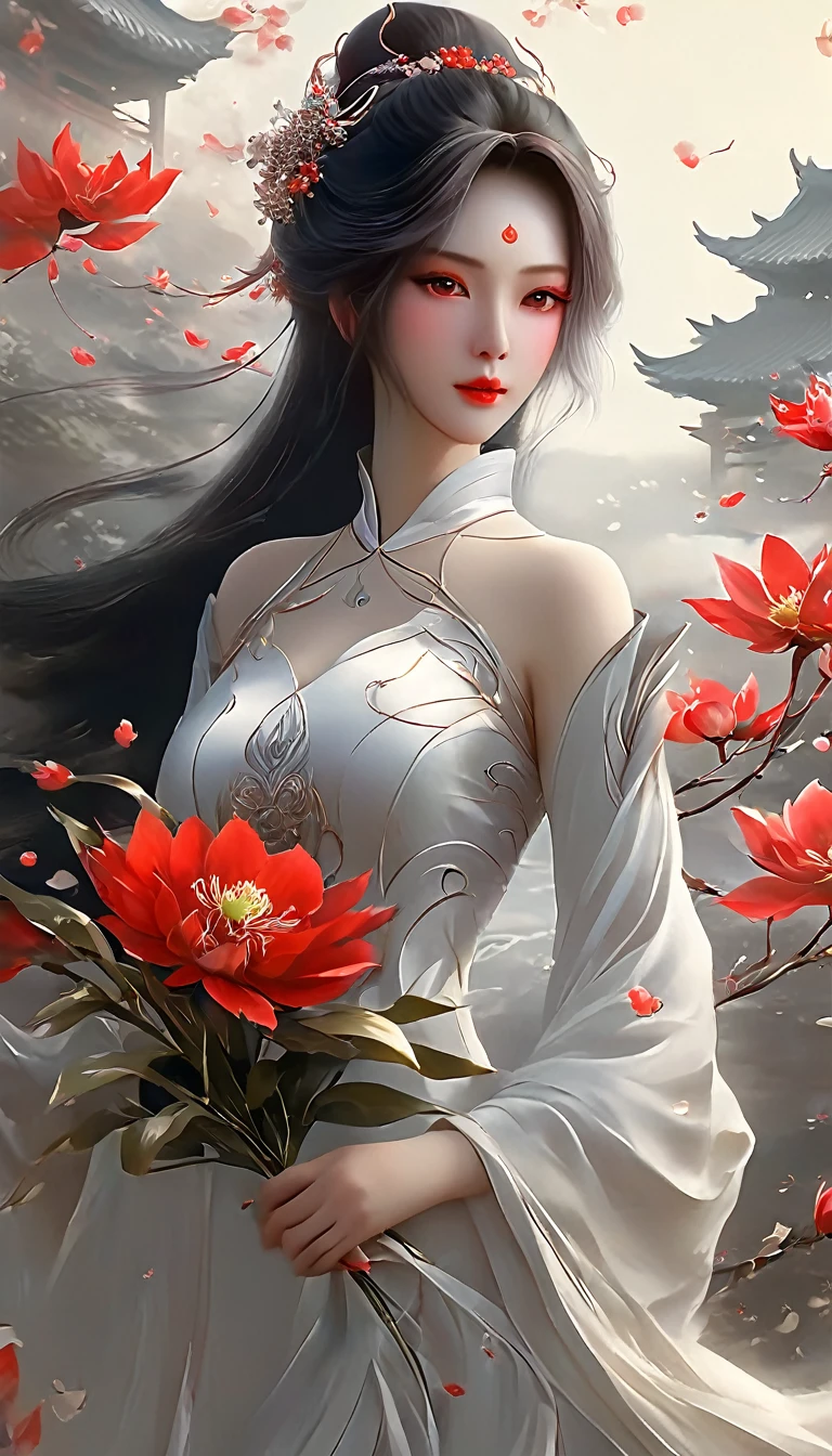 a woman in a white dress holding a red flower, a detailed painting by Lü Ji, cgsociety, fantasy art, ”beautiful anime woman, xianxia, anime woman fullbody art