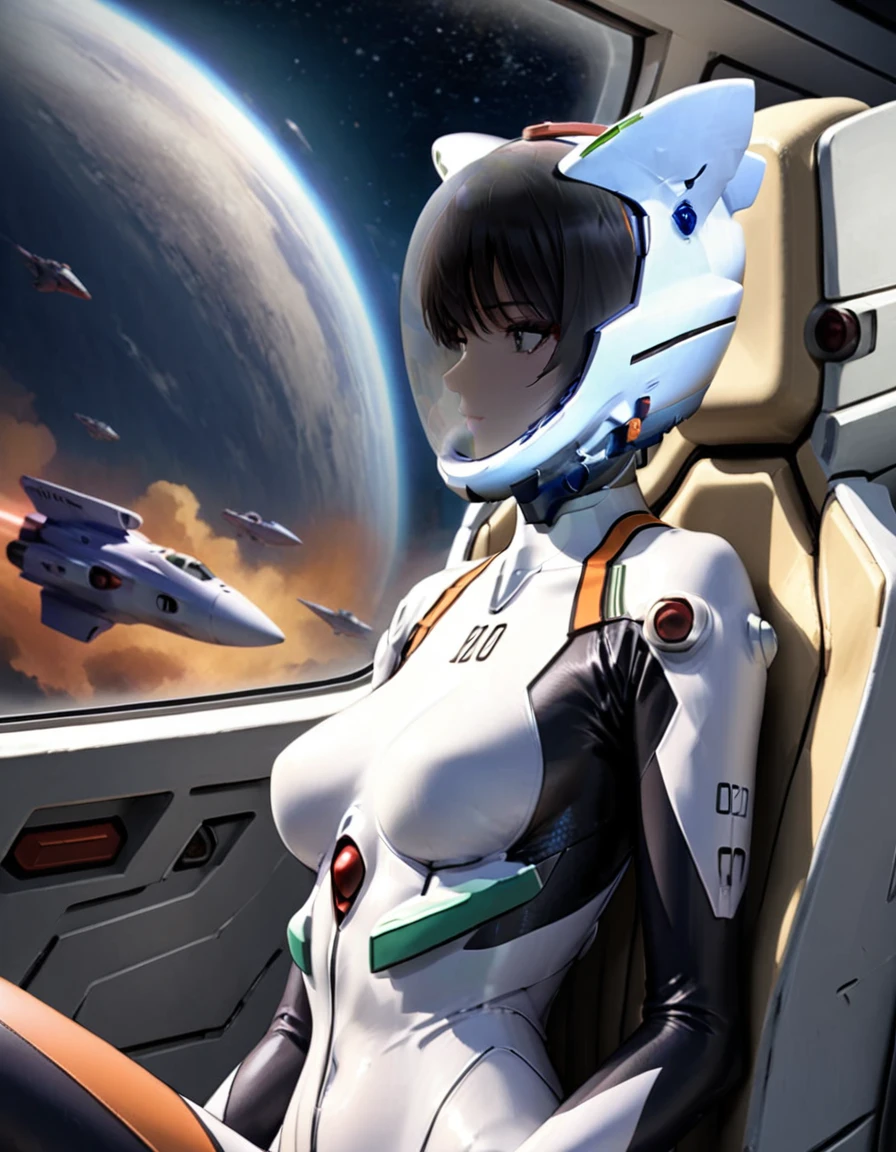 ( short hair, street, emo, BLACK hair, white eyes, eyeliner, apocalypse, girl, nside the (cockpit) of a (futuristic spaceship:1.6), , blush,sitting on a chair, covered navel, space helmet, muvluv, eva helm, plugsuit , evangelion, helmet, eva helm,plugsuit, WHITE bodysuit,evangelion,WHITE helmet, space helmeT, cat ears, GIRL, short hair, ,, SPACE SMILE, FROM SIDE, UPPER BODY
