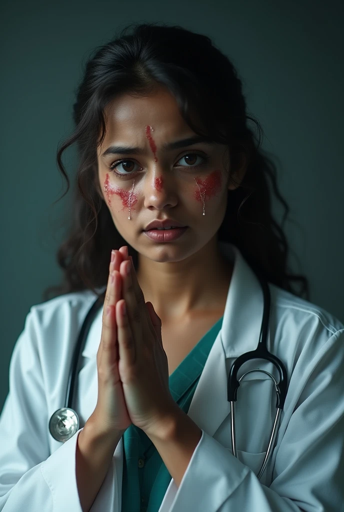 Angel Indian Female innocent Doctor, all crying, begging for help, severely injured, wants justice, bleeding, wearing white coat and sethocsope, tears in her eyes. Adds lots of tears in her eyes and innocent face , joins hands together, crying , I want tears flowing from her eyes, frown face