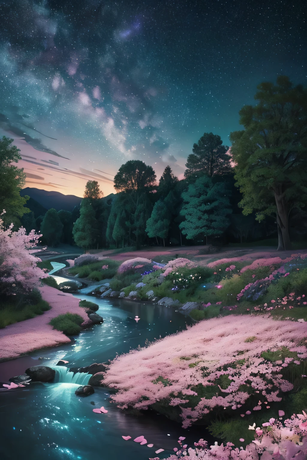 (magical pretty night Sky green stream overlay scene), (Sky), (cloud), soft light, Clean background, Beautiful scenery, masterpiece, high quality, Beautiful graphics, High Detail, Epic Landscapes, garden, Flowers, cloud, (night starry Sky, There is a river behind, Behind is a huge old tree, Shiny pink petals are falling behind)