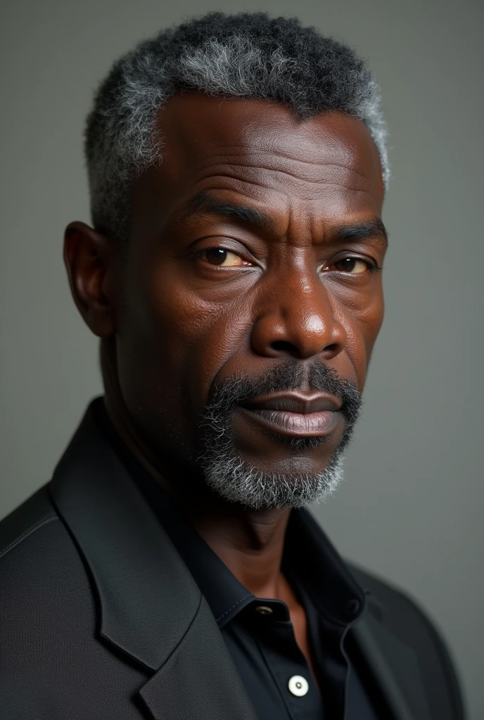 (photorealism:1.2), african american, 1man, middle aged, dark short hair, grey hair stripe on the hair