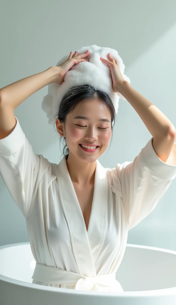 Create an Asian middle-aged beauty，Wearing a white satin bathrobe，Scratching the scalp with both hands，Two hands washing hair on top of head，There is a lot of foam on the head，Foam wrap head，Realistic foam，The expression is happy，Upper Body，front，The characters are realistic and realistic，Pure white bathroom color background，Character front position，9:16 frames，Ultra-high-definition picture quality