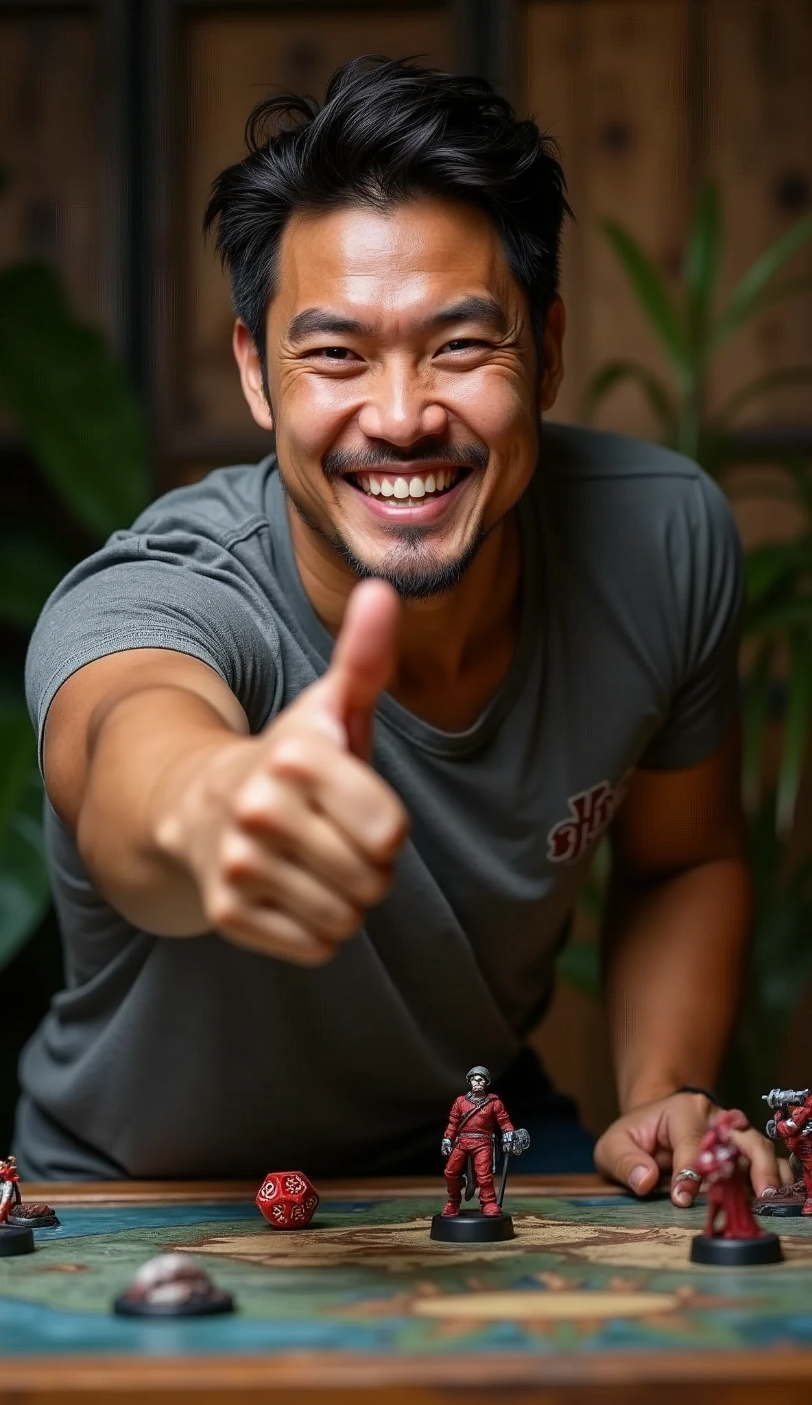 photorealistic, best quality, masterpiece, extremely detailed, front view, extremely handsome, 30 year old borneo man, round face, muscular bodybuilder, clean-shaven face, wearing rockband tshirt, laughing, thumbs up pose reach out towards camera, two d6 dice, well-painted warhammer miniatures mid-game on the table, extremely romantic atmosphere, perfect face, perfect fingers, perfect hands, perfection