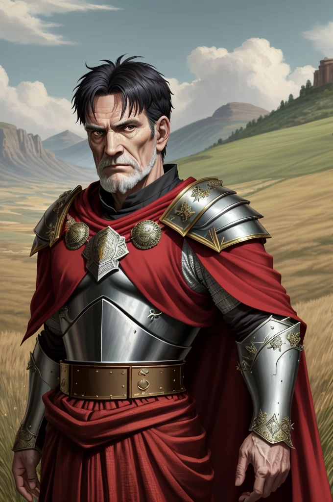 Highest quality, masterpiece, High resolution,,(Caesar),Julius Caesar,(smug face),Roman Empire,Scale Mail,armor,grassland_background,Old Man,Anime Style, 4K, alone,((whole body)), looking at the camera, (Red_Cape)Black Hair,Short Hair,beardless(Full Finger), Hyper Detail, (Intricate details),