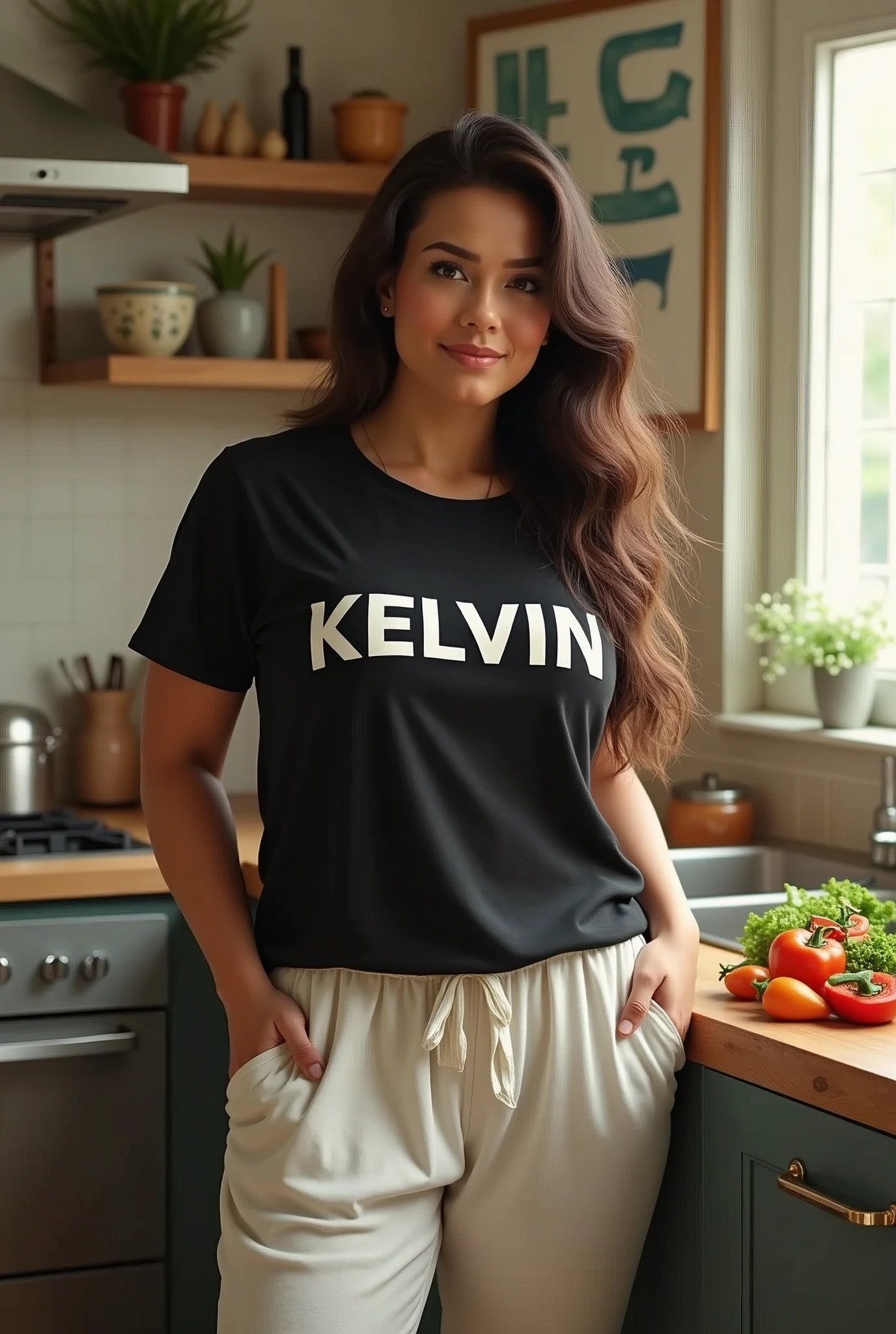 (photorealism:1.2), beautiful woman(curve body), standing in the kitchen room, wearing black printing t-shirts(text KELVIN) and white pajama pants, long hair, cooking vegetables in the kitchen room, soft lighting, poster on the wall, detailed kitchen room, relaxed pose, realistic, intricate details, bright colors