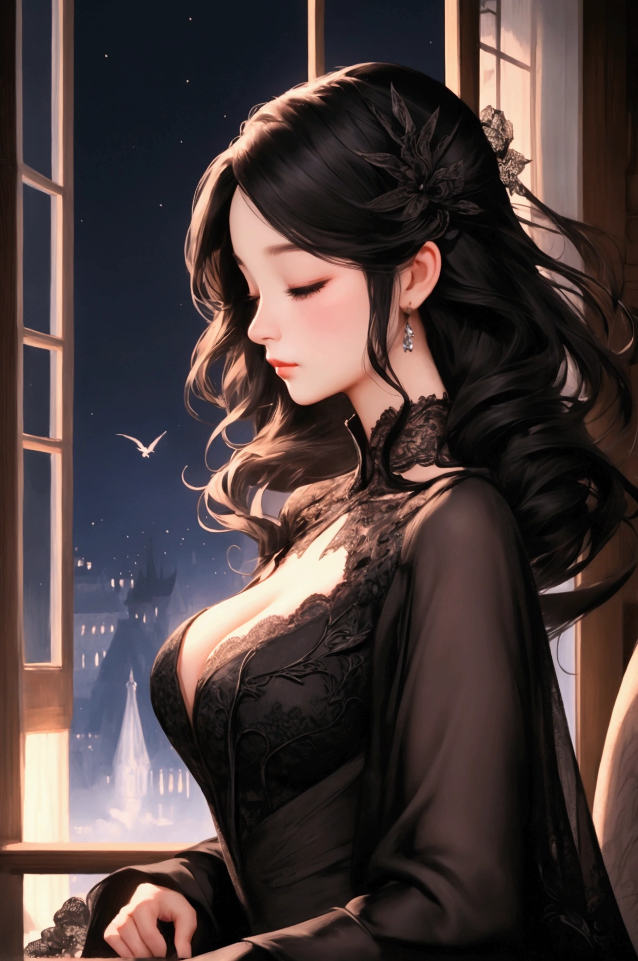 Detailed and beautiful illustration、Woman profile、Eyes closed、Black bobbed hair swaying in the wind、Beautiful cleavage、The background is a window at night、Fantasy、Black lace dress