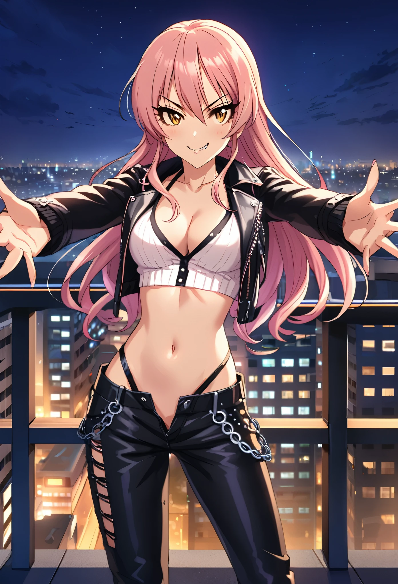 1girl, Tenebria, (pink hair), evil, blush, lipstick, long hair, pink hair, medium breast, crazy eyes , outdoors, rooftop, cityscape, building, railing, night, night sky, scenery, city lights, fur trim, mature female, gloves, fur-trimmed coat,
masterpiece, best quality, highly detailed, a girls with a gun, open mouth, blazer, sexy gaze, (nsfw) not
safe for work, badass pose , evil smile, smile, black bra, anime girl with long hair, long haired girl,
navel, evil expression, exposed belly, exposed navel, exposed midriff, exposed lower belly, micro
miniskirt, micro pencil skirt, pencil skirt ,holding a guny, navel piercing