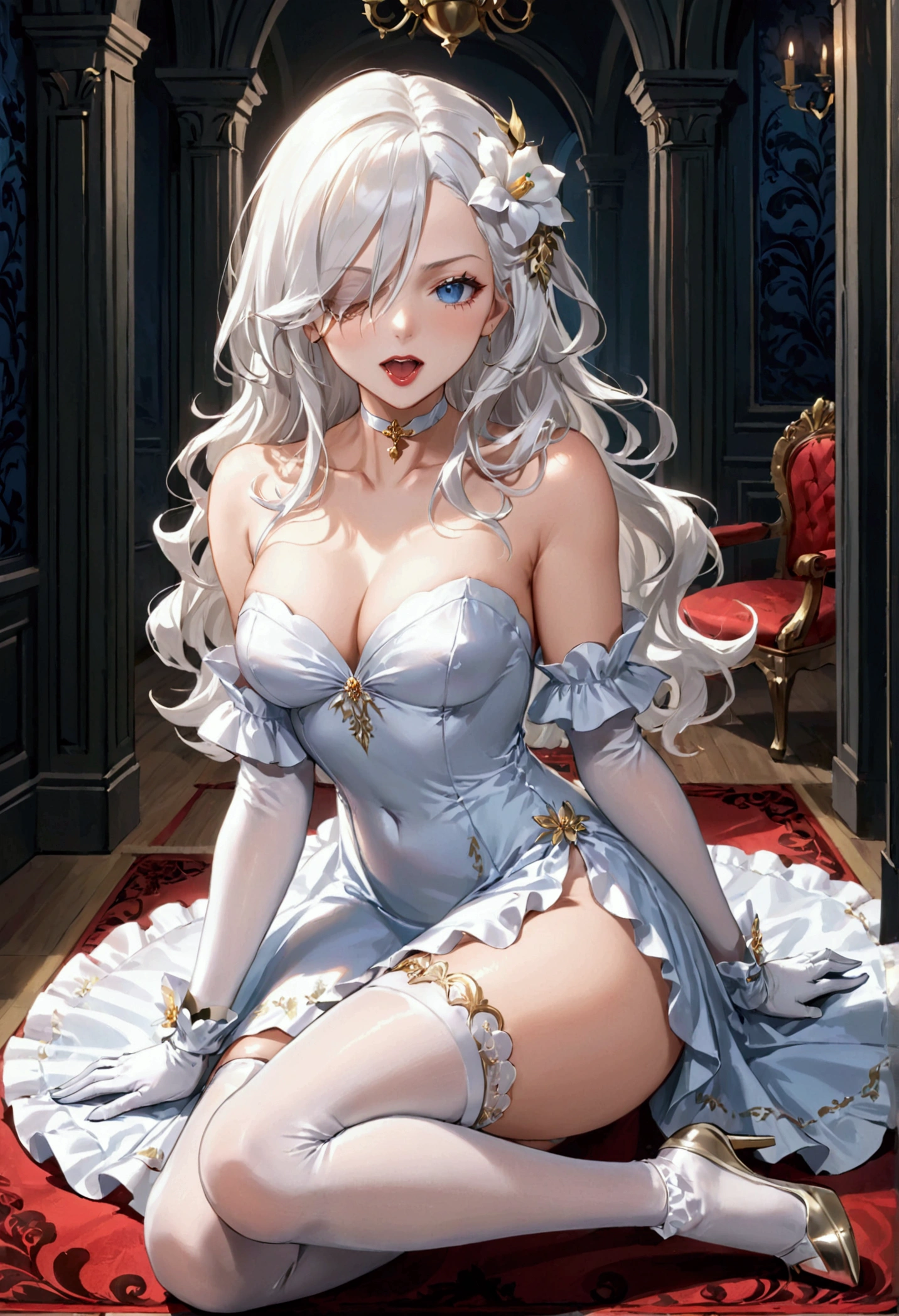 Masterpiece, 1women, mature body, mature woman, perfect body, perfect face white hair, white silky hair, white gold trimmed flower hair clip, blue eyes, a white flower covers one eye, one piece gown, white detailed floral dress, white wavy dress, arm cuff sleeves, thigh high transparent stockings, white heels, choker, white glove, open mouth, agape mouth, tongue vampire teeth, vampiric teeth, sitting on both knees, staring at the viewer, dark atmosphere, dark room, dark chambers, loving expression,
