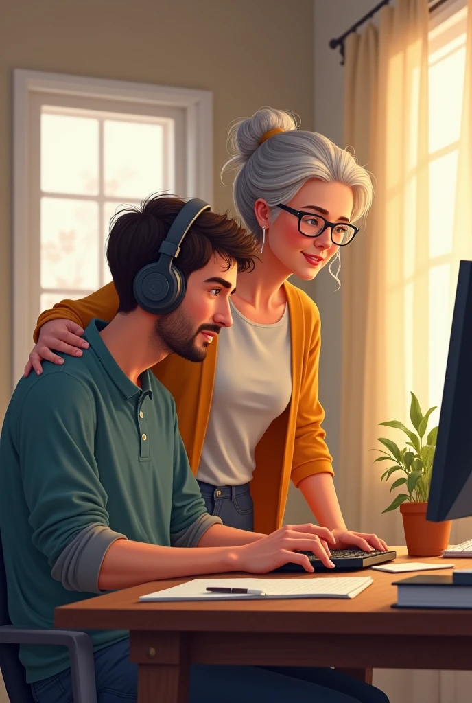 Illustration drawing of a man sitting at a computer with headphones on and his mother beside him